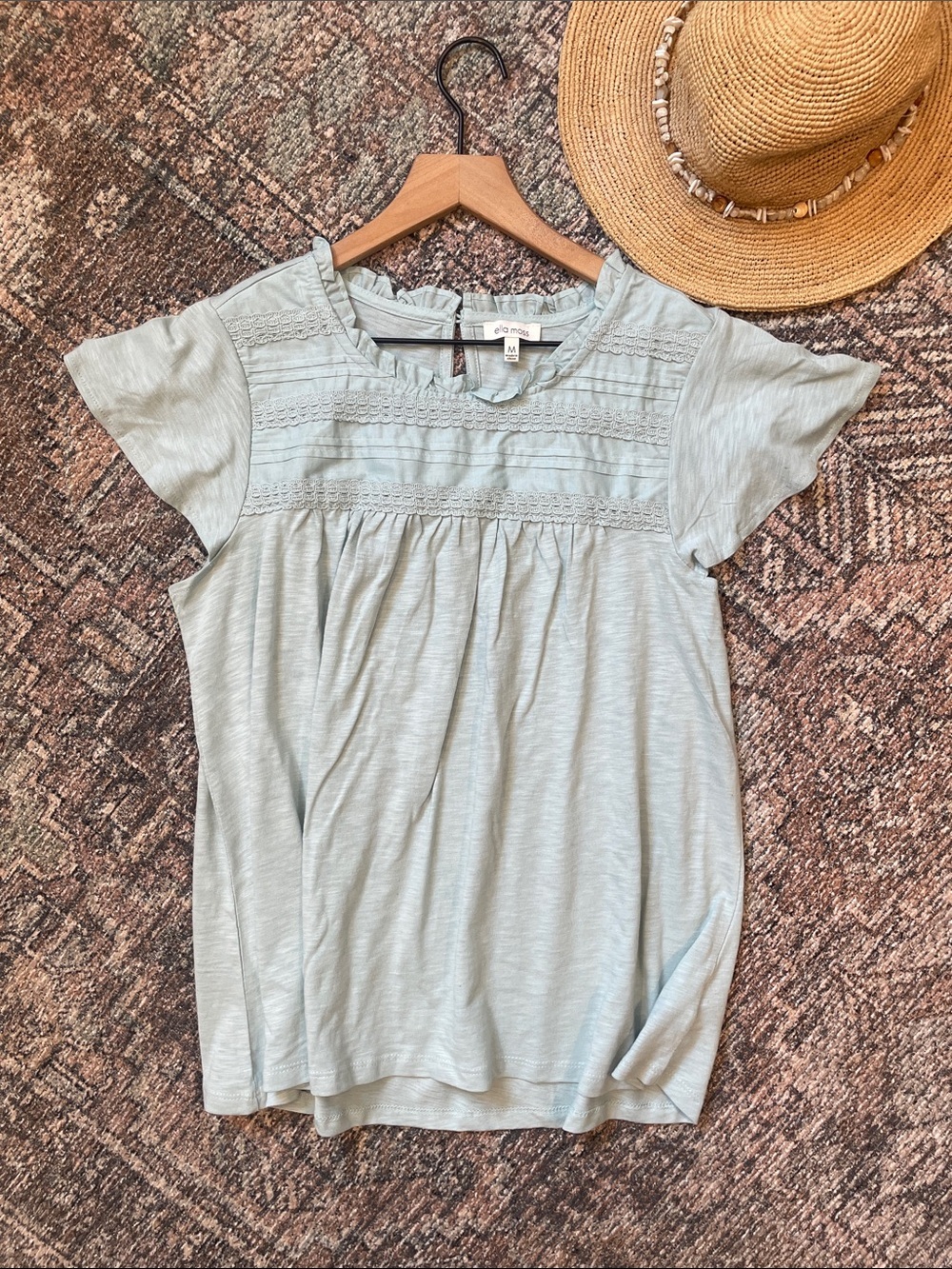 Ella Moss Light Blue Lace Yoke Peasant Top Short Sleeve Medium